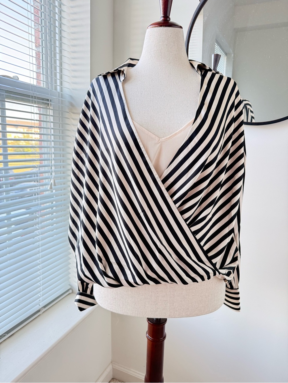 H&M Black and Cream Diagonal Striped Wrap Blouse